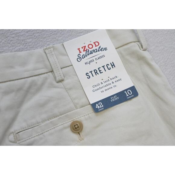 Izod Saltwater Relaxed Khaki Chino Shorts Stretch Flat 10" INS Mens Sz 42 NWT - Picture 8 of 8